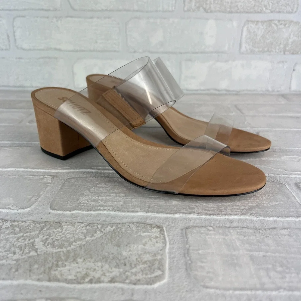 SCHUTZ Heels Victorie Womens 7.5 Nude Transparent 2‎ Strap Block Heel Sandals B